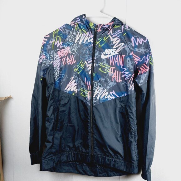 Nike Girl's Black Sportswear Abstract Print Long Sleeve Windrunner Jacket Size L - Picture 2 of 11